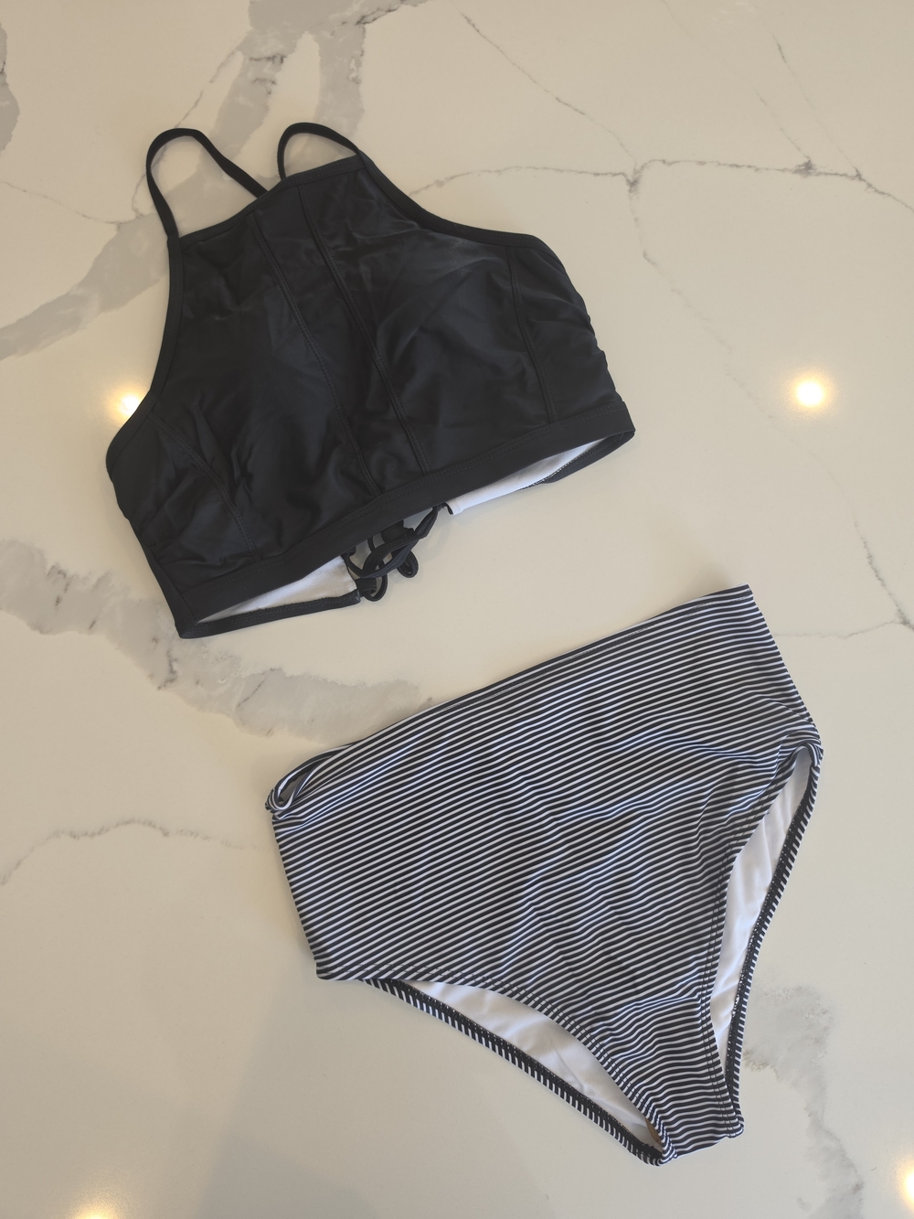 Black High-Neck Bikini Top with Striped High-Waist Bottom - Women Swim - M - NEW